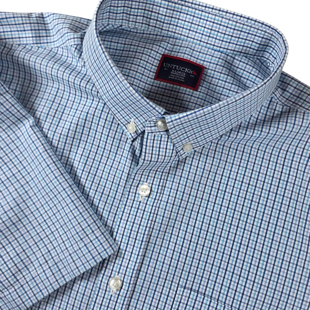 UNTUCKit Peppin Brook Men's XL Blue Check Short Sleeve Button-Up Shirt